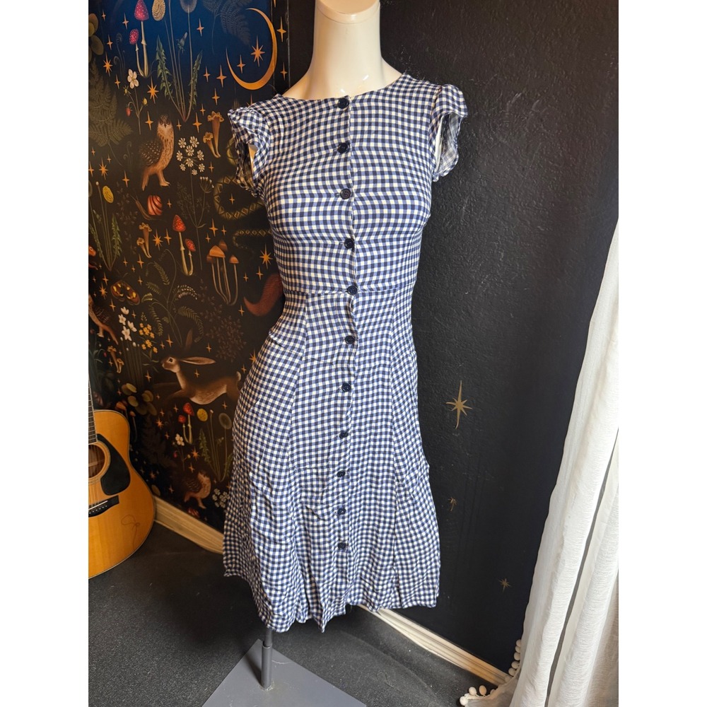 Reformation Navy Blue Gingham Button Front Midi Dress Short Sleeve Keyhole Back